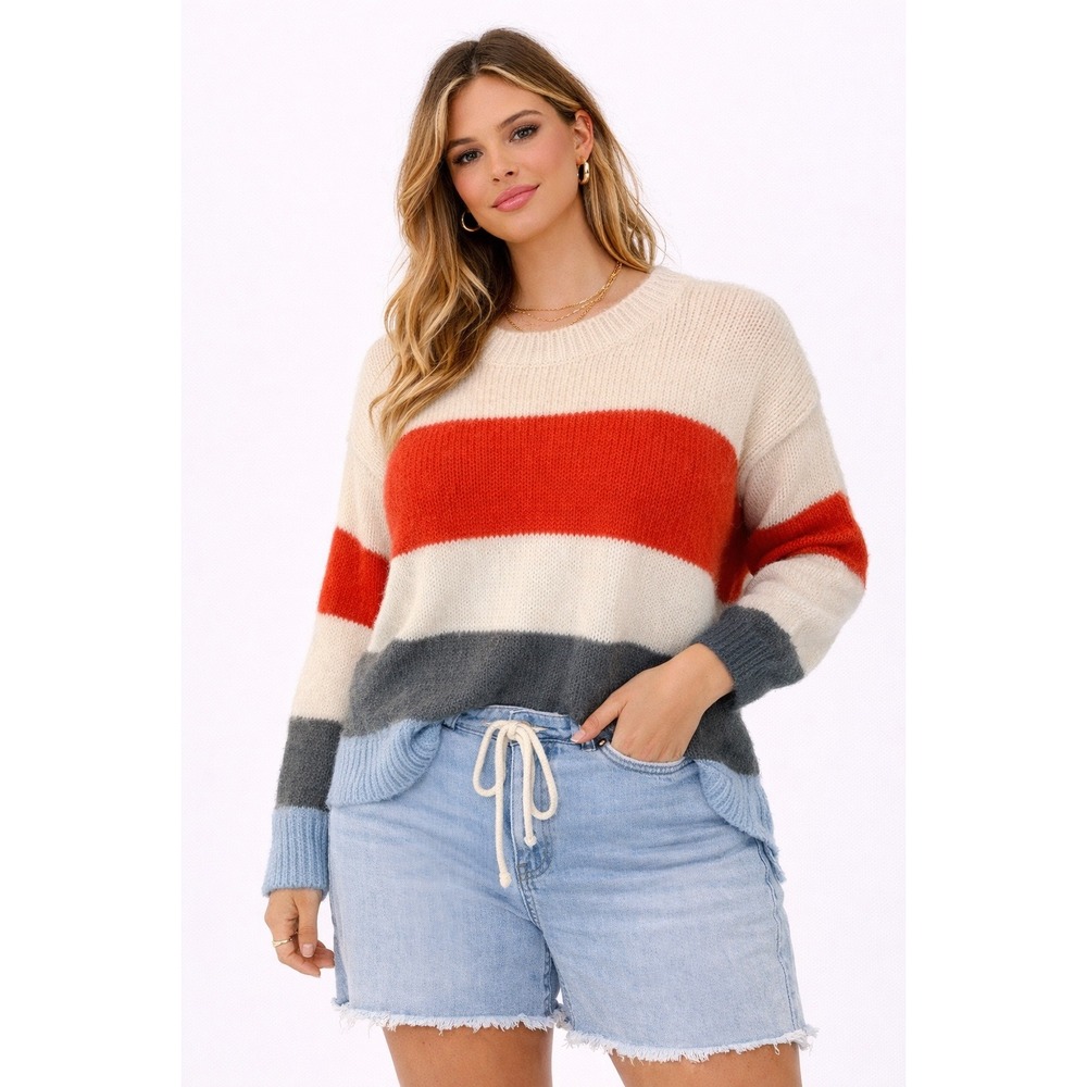 Woven Heart Striped Sweater Womens Large Multi Colorblock Mohair Blend Pullover